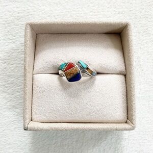 Vintage 1990s Southwestern Silver Inlay Ring Turquoise Coral Lapis 5.5–5.75